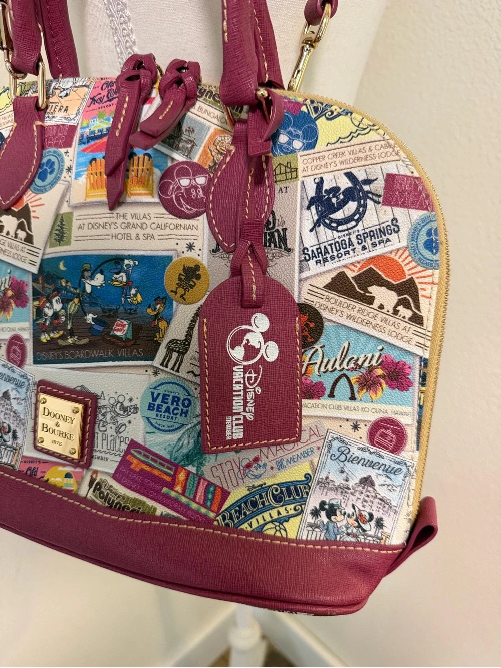 Dooney & Bourke Multicolor Disney Vacation Club Dome Satchel Burgundy Trim Purse